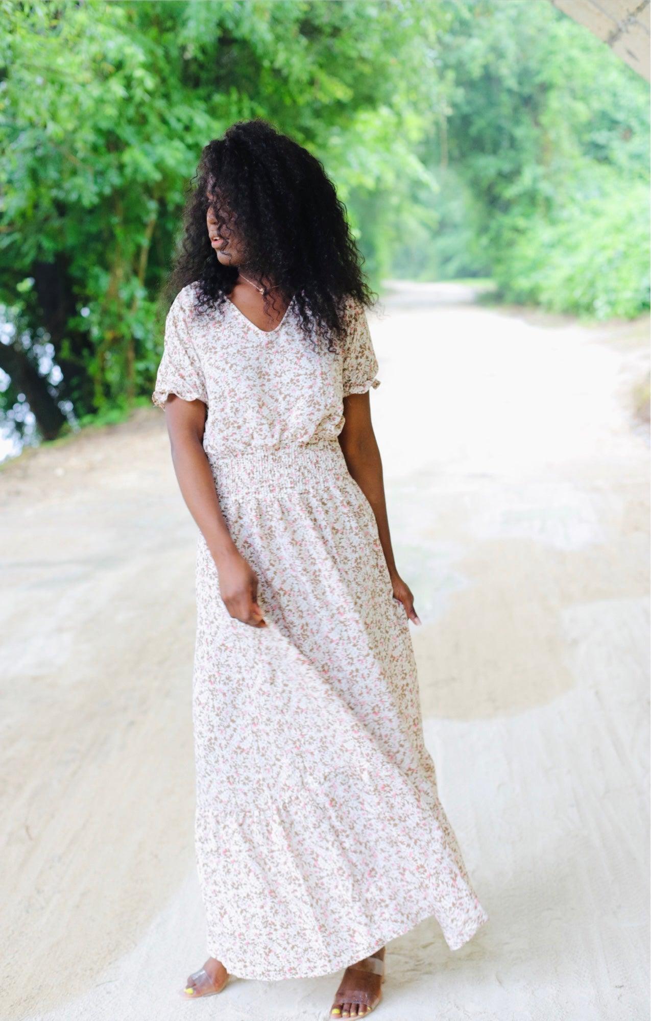 Robe longue imprimée col v - beautifulshop