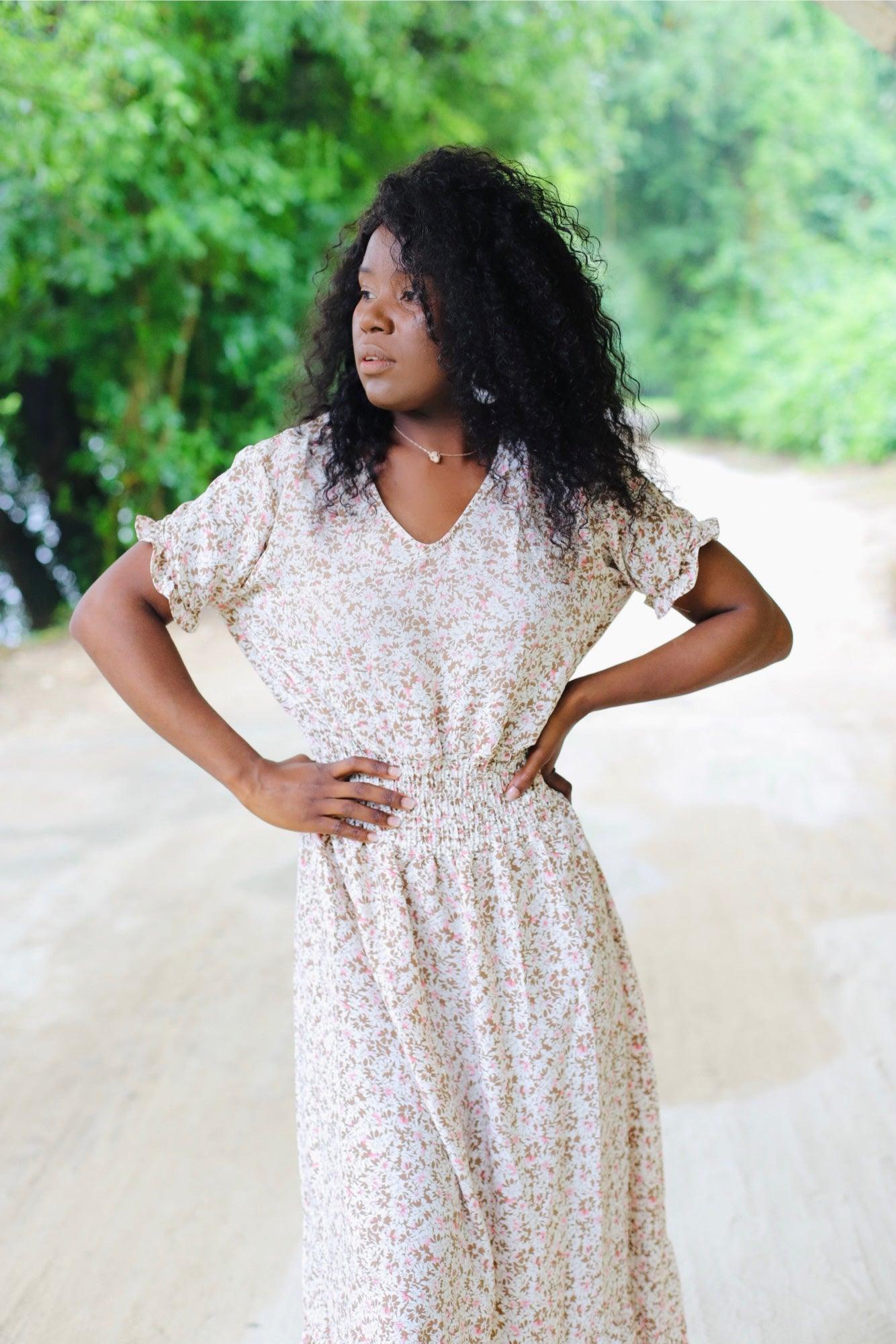 Robe longue imprimée col v - beautifulshop