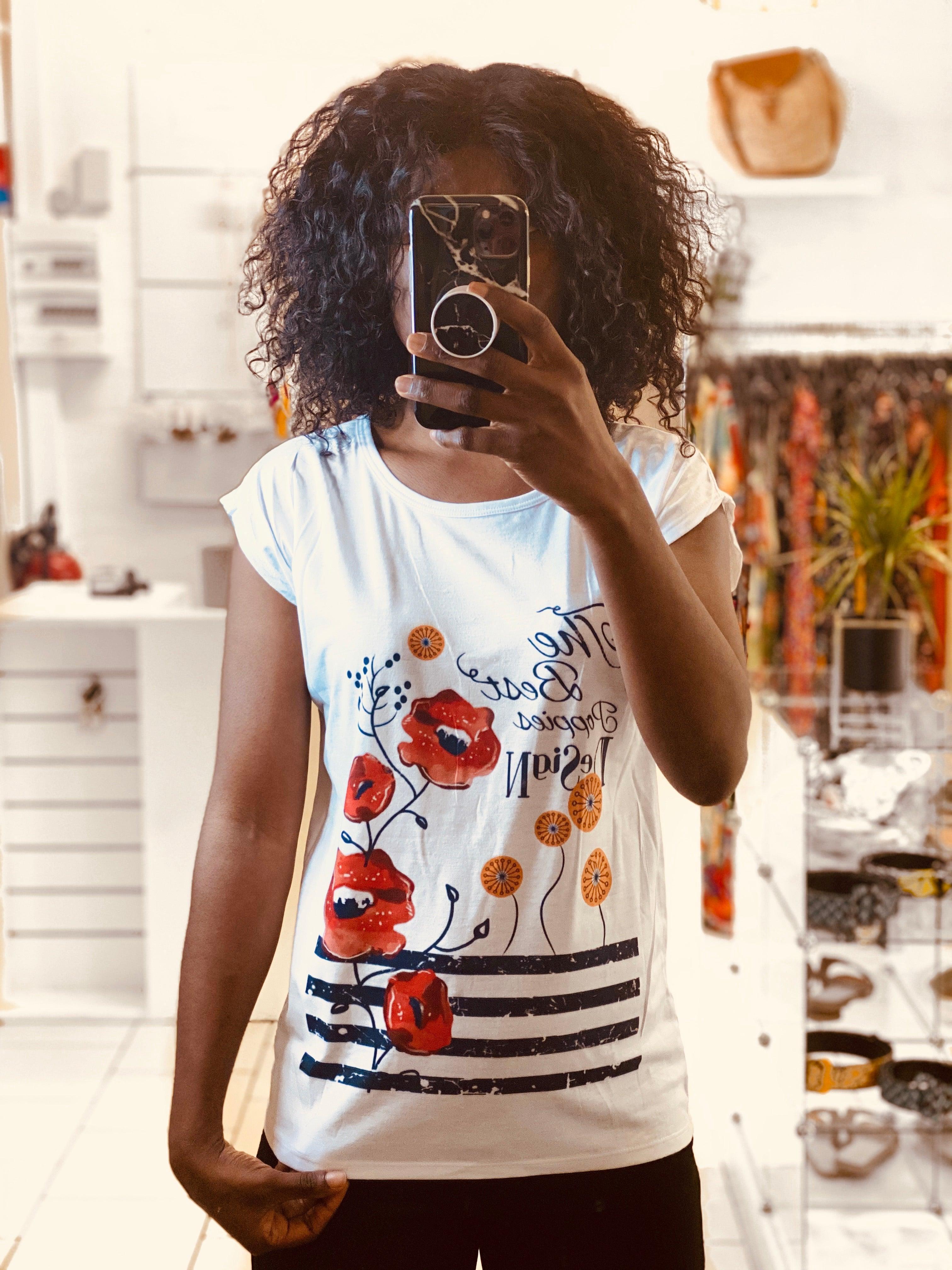 T-shirt imprimée fleur rouge et orange - beautifulshop